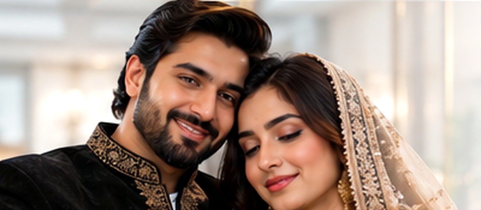 Adult Pakistani married couple in formal wedding attire