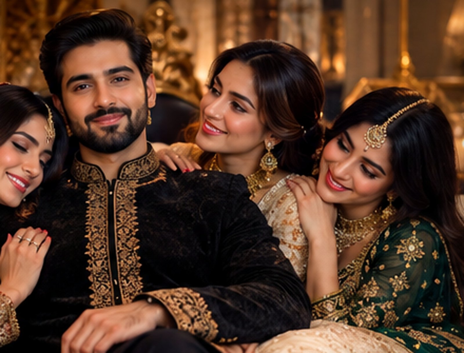 Adult Pakistani groom with elegant adult bridal companions in a luxury wedding setting